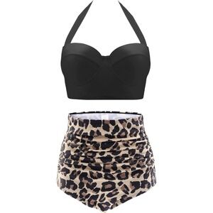 Cherry Cat‎ 3XL Retro BLK Leopard High Waist Underwire Bikini Two Piece Swimsuit